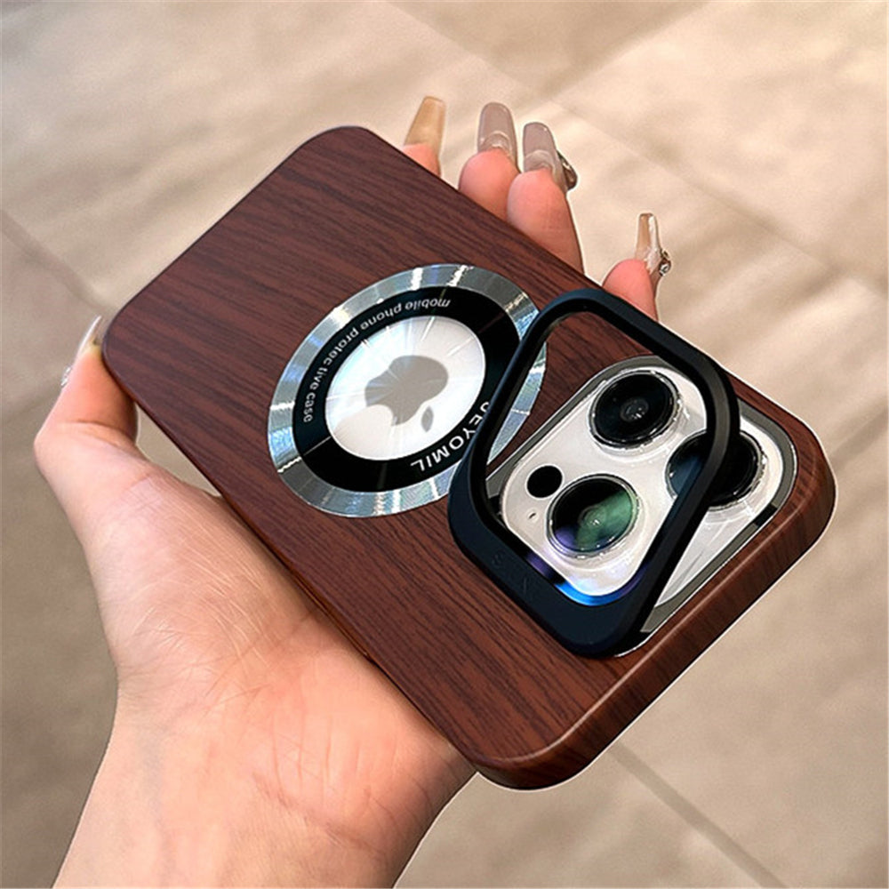 Folding Camera Bracket Wood Style Magnetic Magsafe Case For iPhone