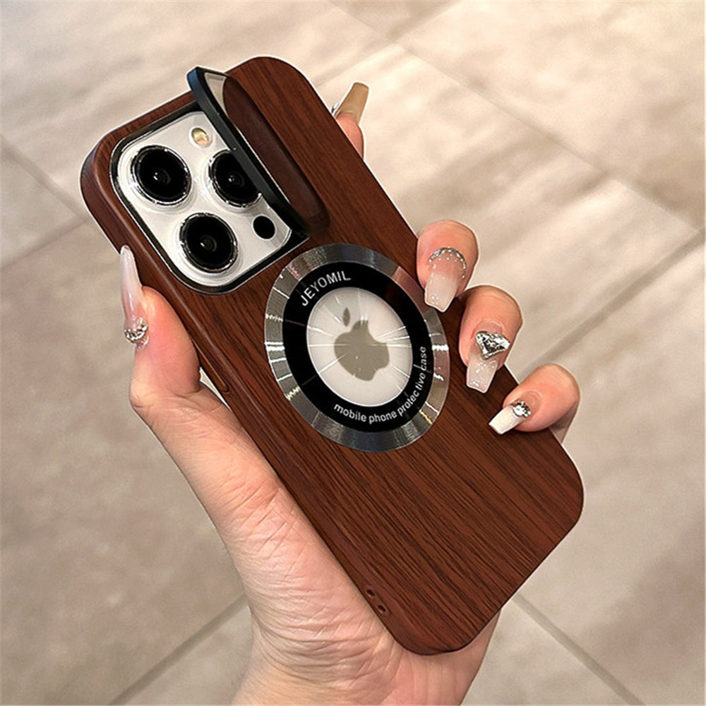 Folding Camera Bracket Wood Style Magnetic Magsafe Case For iPhone