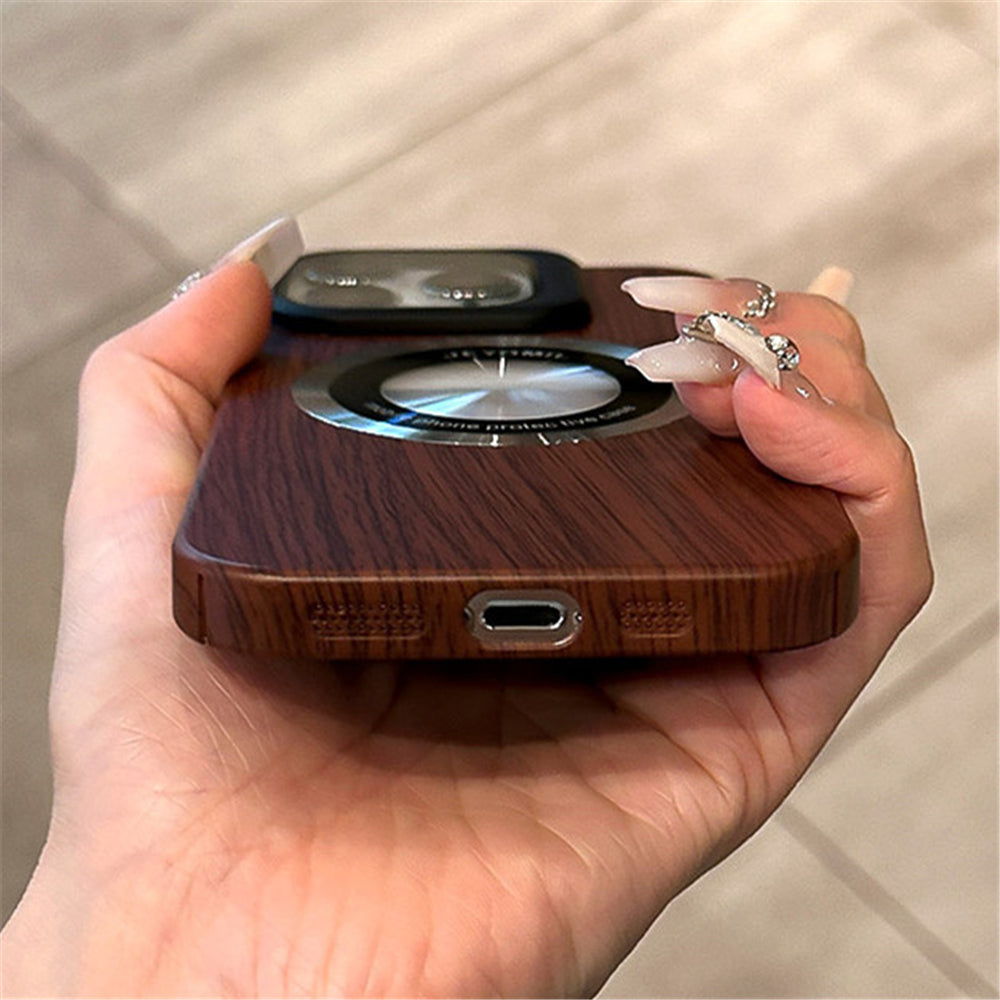 Folding Camera Bracket Wood Style Magnetic Magsafe Case For iPhone