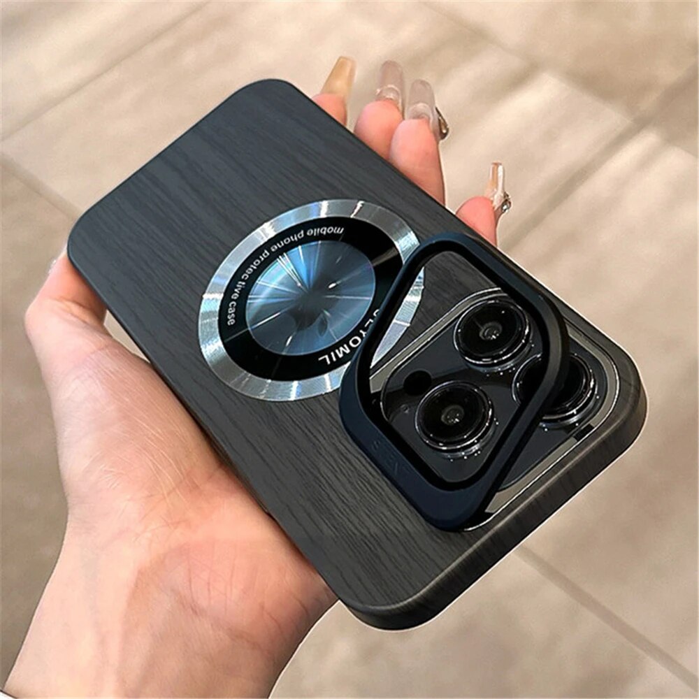 Folding Camera Bracket Wood Style Magnetic Magsafe Case For iPhone